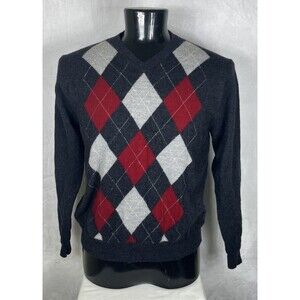Davis & Squire Men's Sweater Argyle V-Neck Extra Fine Merino Wool Size Large
